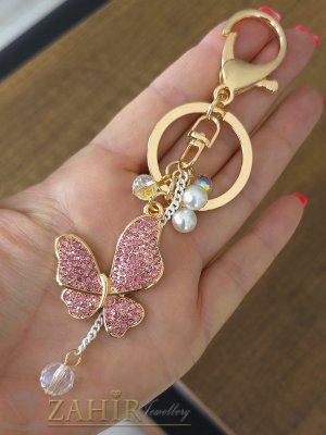 Уникално красива пеперуда с розови кристали и перлени висулки на позлатен ключодържател 14 см - KL1225